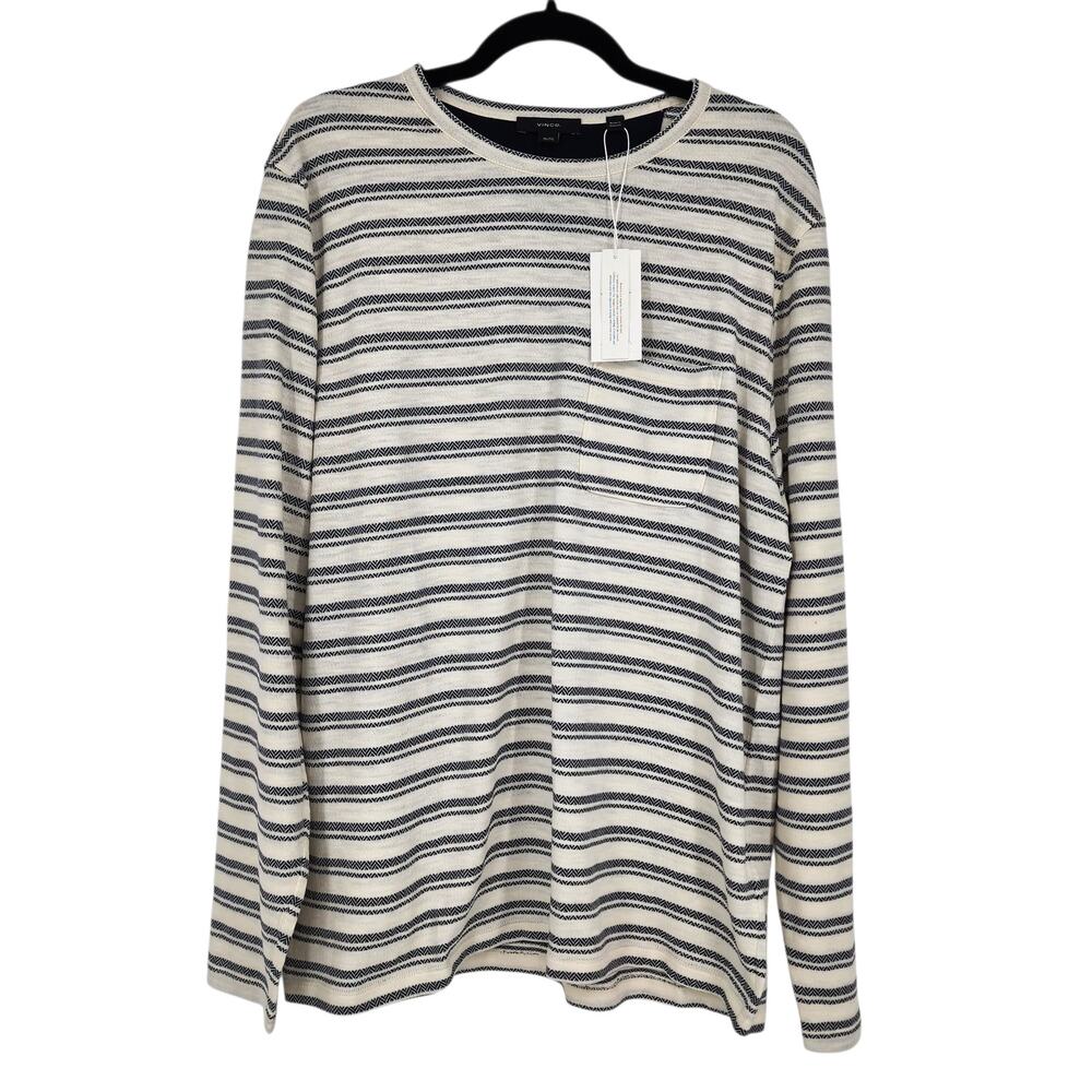 NWT Vince Cream Black Chevron Stripe Crew Pocket Long Sleeve T-Shirt Size XL